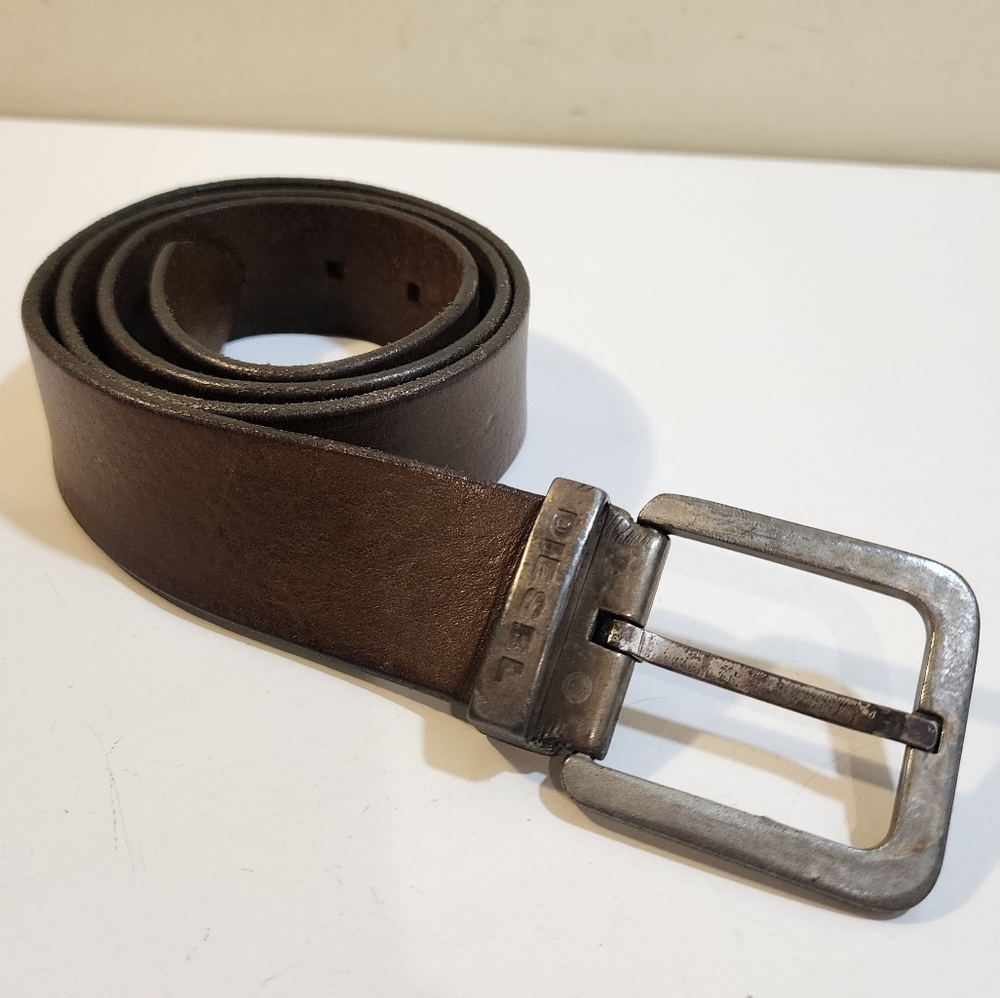 Diesel Brown Leather Belt with Silver Buckle